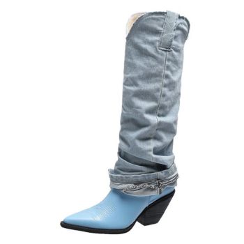 European Vintage Style Denim Leather High Boots w/ Decorative Pattern