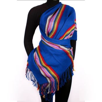 Alpaca Blue Shawl with Multi-Color Stripes