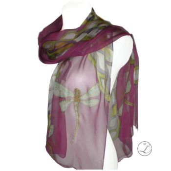 Hand painted silk scarf - Dragonflies purple